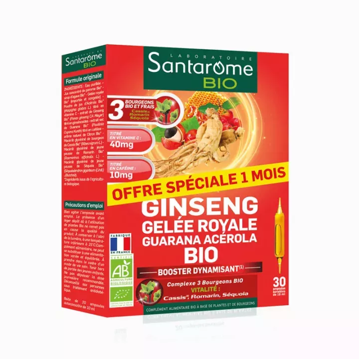 Santarome Bio Ginseng Gelée Royale Guarana Acerola 30 Ampoules de 10 ml