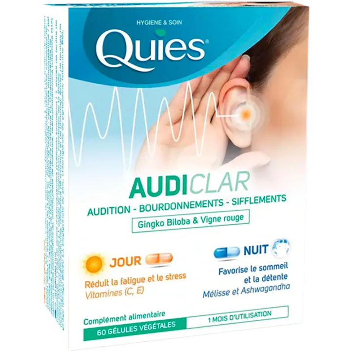 Quies AudiClar – Hörvermögen, Ohrensausen, Pfeifgeräusche – Tag & Nacht – 60 Kapseln