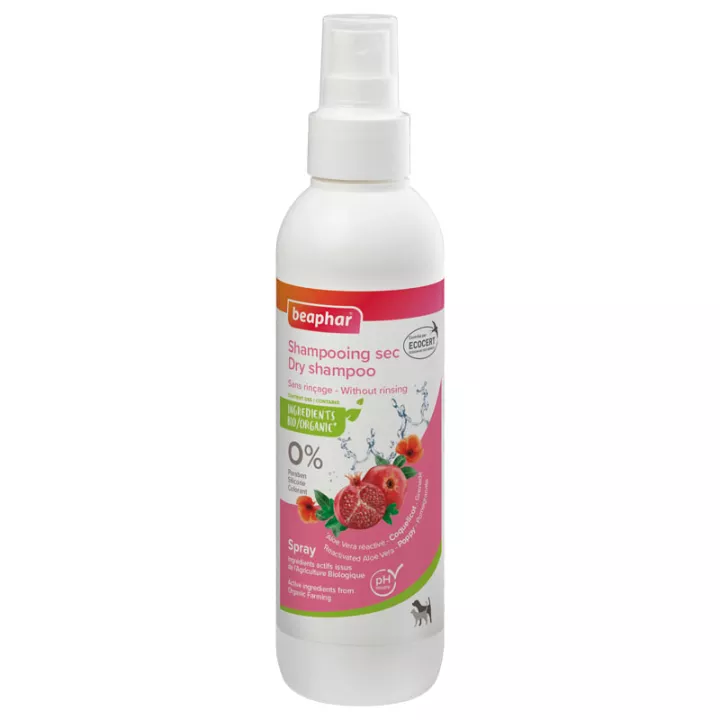 Spray de shampoo sem enxágue Beaphar com extratos naturais de papoula e romã 200ml