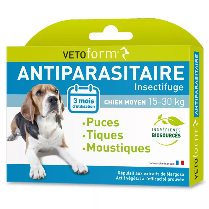 VETOFORM PIPETTES INSECTIFUGES SPOT ON CHIEN MOYEN 10 À 20 KG  2 PIPETTES + 1 GRATUITE 2,8 ML