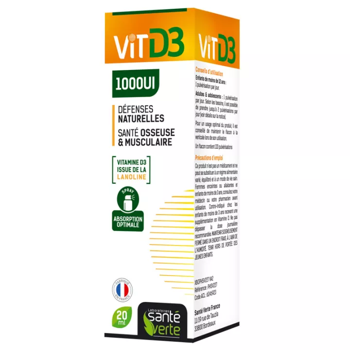 Frasco de 20ml de vitamina D3 de 1000UI da Green Health