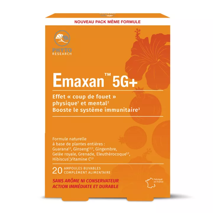 Emaxan 5 G+ Fatigue Passagère et Chronique 20 Ampoules PhytoResearch