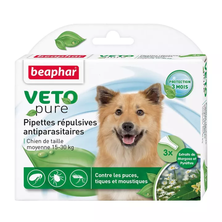 Beaphar Vetopure 3 Pipettes Répulsives Antiparasitaires Pour Chiens De Taille Moyenne