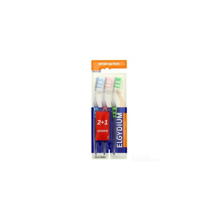 ELGYDIUM Brosse à Dents INTER ACTIVE MEDIUM lot de 2 + 1 offerte