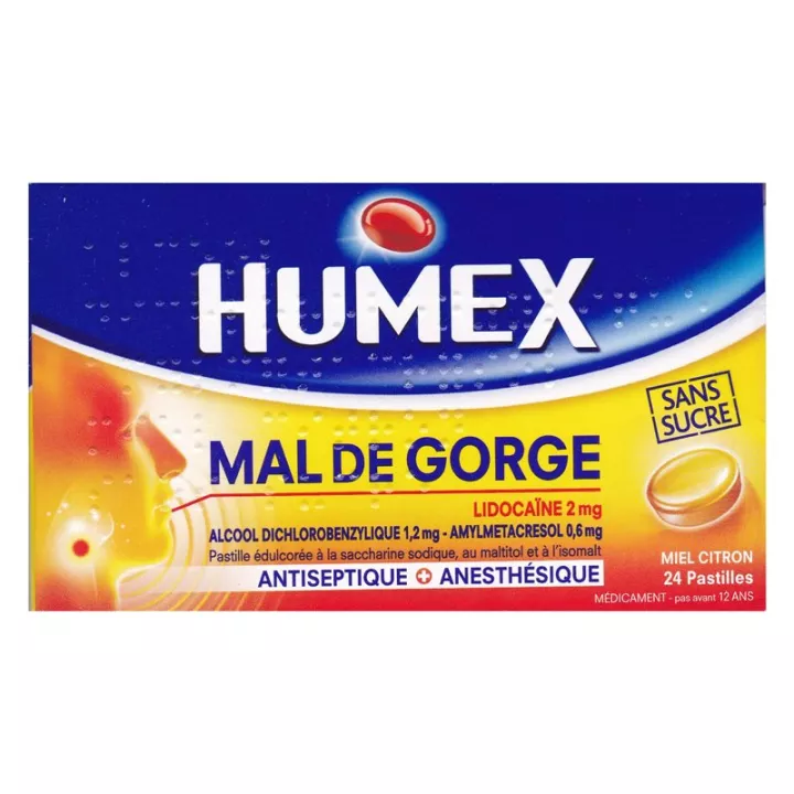 Humex Mal de Gorge Lidocaine Sans Sucre 24 Pastilles