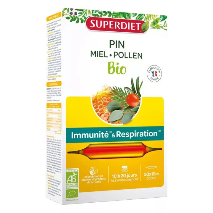 Superdiet Pin Miel Pollen Immunité Confort Respiratoire Bio 20 ampoules