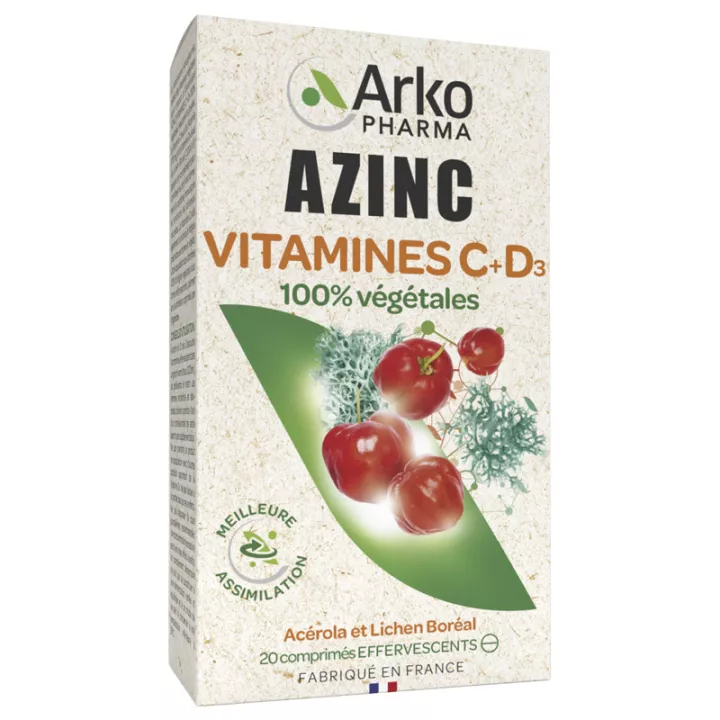 Arkopharma Azinc Vitamines C + D3 Végétales 20 Effervescent Tablets