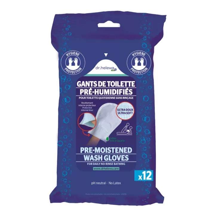 Gants de toilette DR HELEWA pré-humidifiés sans rinçage Sachet de 12