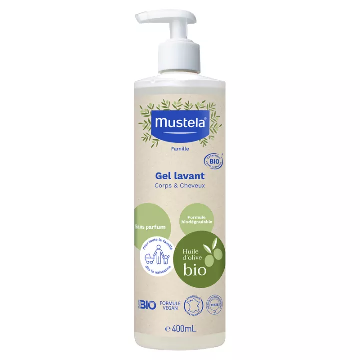 Mustela Bio parfümfreies Reinigungsgel für Körper und Haar, 400 ml