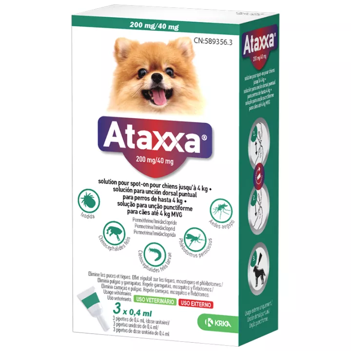 KRKA Ataxxa Solution Spot-On Antipuces & Antitiques pour Chien -4 kg 3 pipettes