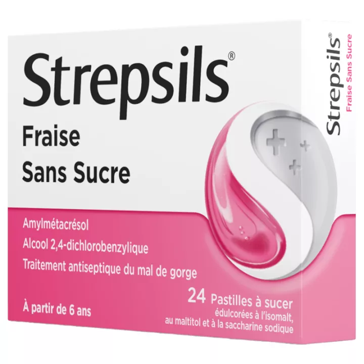 Strepsils Maux de Gorge Fraise Sans Sucre 24 pastilles