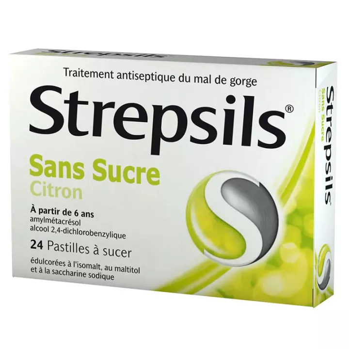 Strepsils Maux de Gorge Citron Sans Sucre 24 pastilles