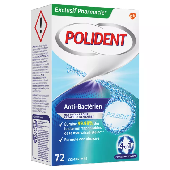 Polident Anti-Bactérien Nettoyant pour Appareils Dentaires 72 comprimés