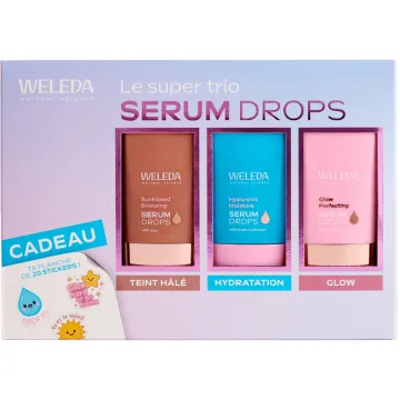 Set de tres frascos de «Serum Drops» para piel bronceada, hidratación y luminosidad, 3 x 30 ml, Weleda