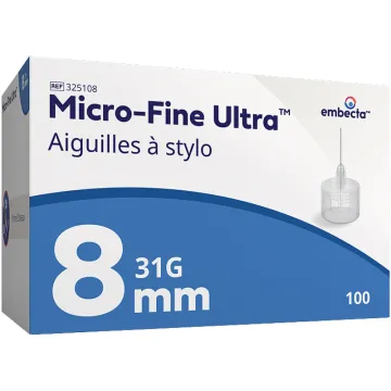 Agulhas Micro-Fine Ultra de 8 mm da Embecta, caixa de 100 unidades