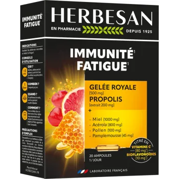Herbesan Immunité & Fatigue Miel Gelée Royale Acérola Pollen Pamplemousse Propolis 20 ampoules