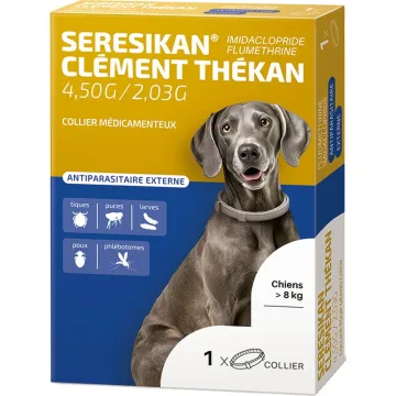 Seresikan Clément Thékan 4,50 g + 2,03 g – coleira medicamentosa para cães com mais de 8 kg e 70 cm