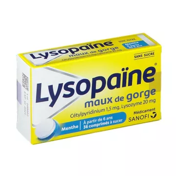 LYSOPAINE 36 comprimés à sucer sans sucre maux de gorge Aphtes menthe
