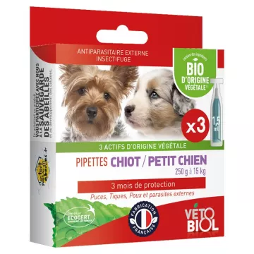 Vetobiol Pipettes Antiparasitaires Bio Chiot / Petit Chien 1 à 10 kg 3 pipettes